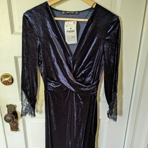 Zara blue velvet, lace, knee length dress
